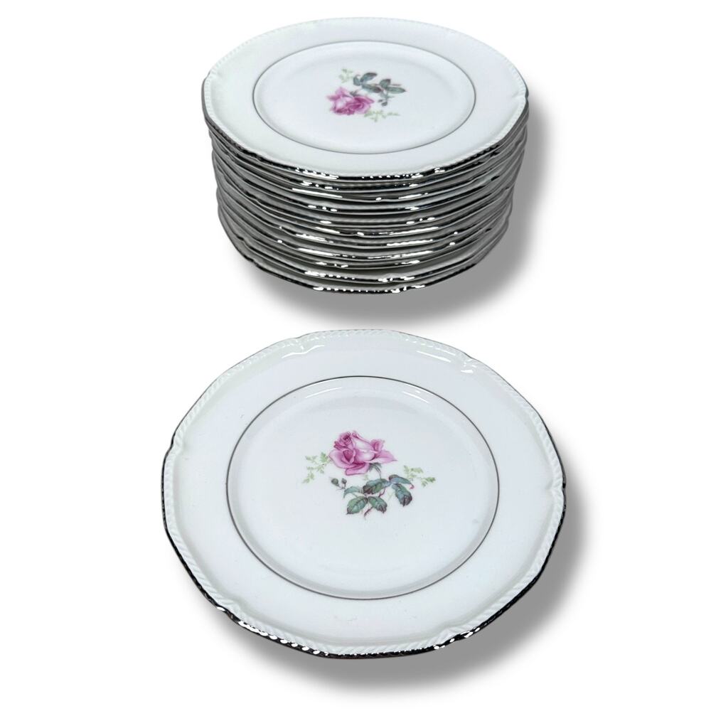 Royal Bayreuth Bread Plates 6.5" Pink Rose Platinum Rim Roped Edge Lot of 12